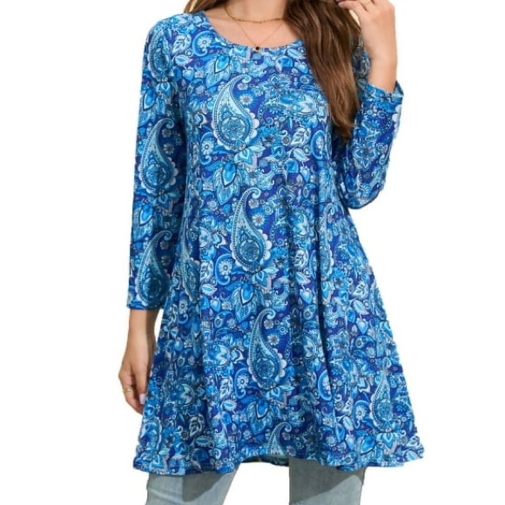 ENMAIN Plus 2XL Women 3/4 Sleeve Shirts Swing Flare Tunic Loose Fit‎ Blouse Blue